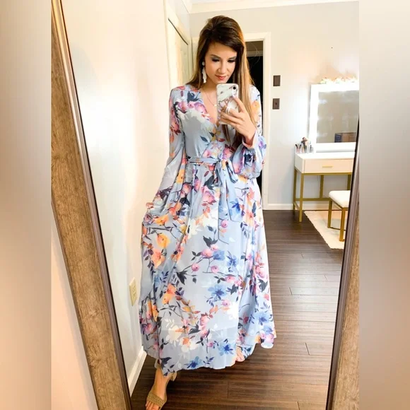 chinese dress ladies CHICWISH Women's Cream Scarf Plunging Vernal Blossom Chiffon Maxi Dress at  Amazon Women's Clothing store